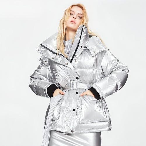Winter Jacket Thick Mid-length Waist White Duck Down Jackets Slim Belt