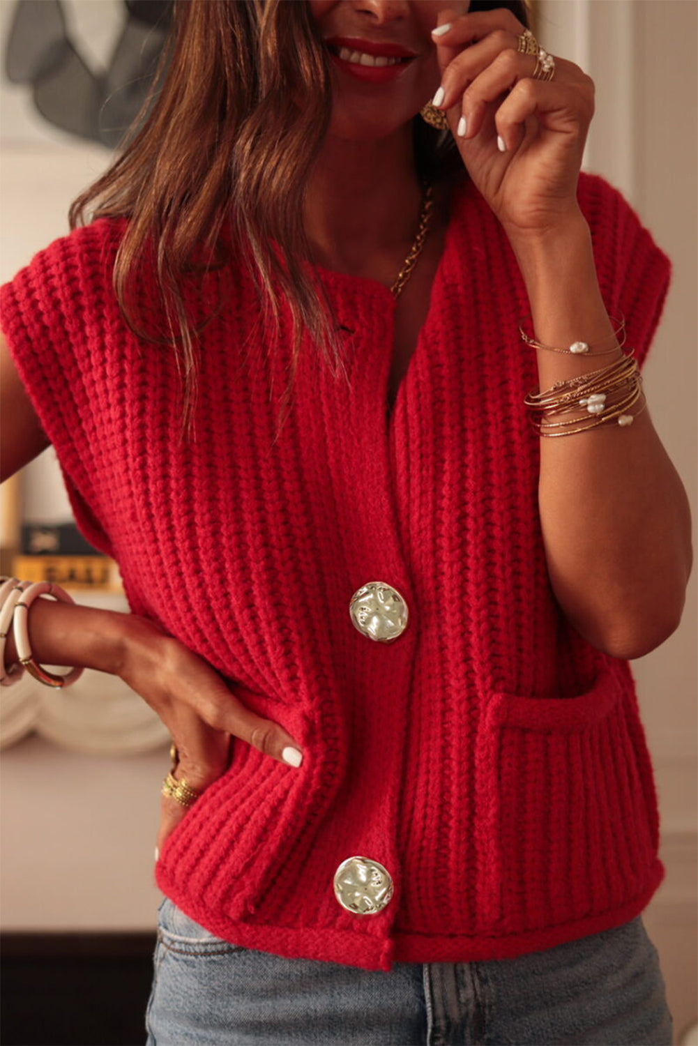 Fiery Red Solid Textured Knit Side Pockets Buttoned Sweater Vest Stoo