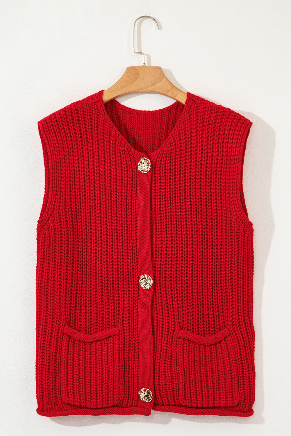 Fiery Red Solid Textured Knit Side Pockets Buttoned Sweater Vest Stoo