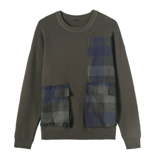 Youth Symmetrical Plaid Big Pocket Decorated Sweater Men