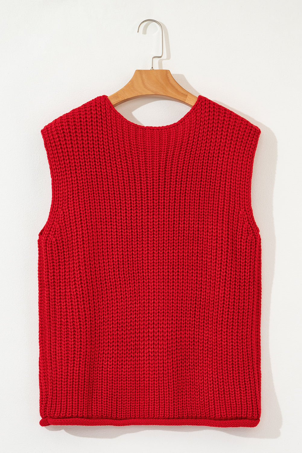 Fiery Red Solid Textured Knit Side Pockets Buttoned Sweater Vest Stoo